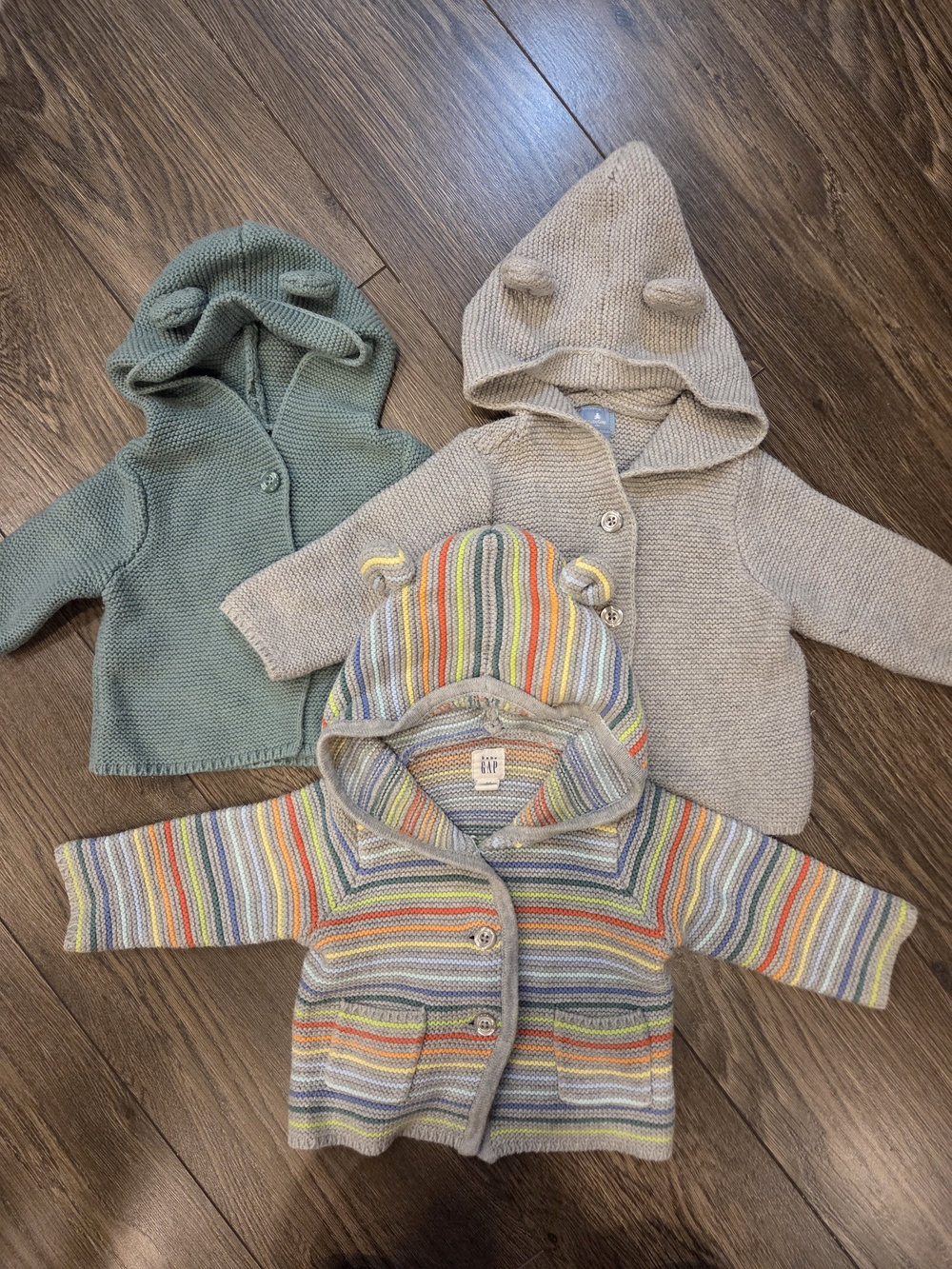 GAP Hooded Baby Cardigan Trio - Multicolor Stripe, Sage, Beige